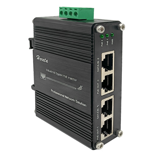 2 Ports Hardened Industrial Gigabit PoE+ Injector 12~48VDC Power Input Support IEEE802.3af/at PoE Device Support 10/100/1000Base-T and Compliant with IEEE 802.3ab