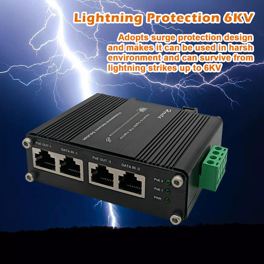 2 Ports Hardened Industrial Gigabit PoE+ Injector 12~48VDC Power Input Support IEEE802.3af/at PoE Device Support 10/100/1000Base-T and Compliant with IEEE 802.3ab