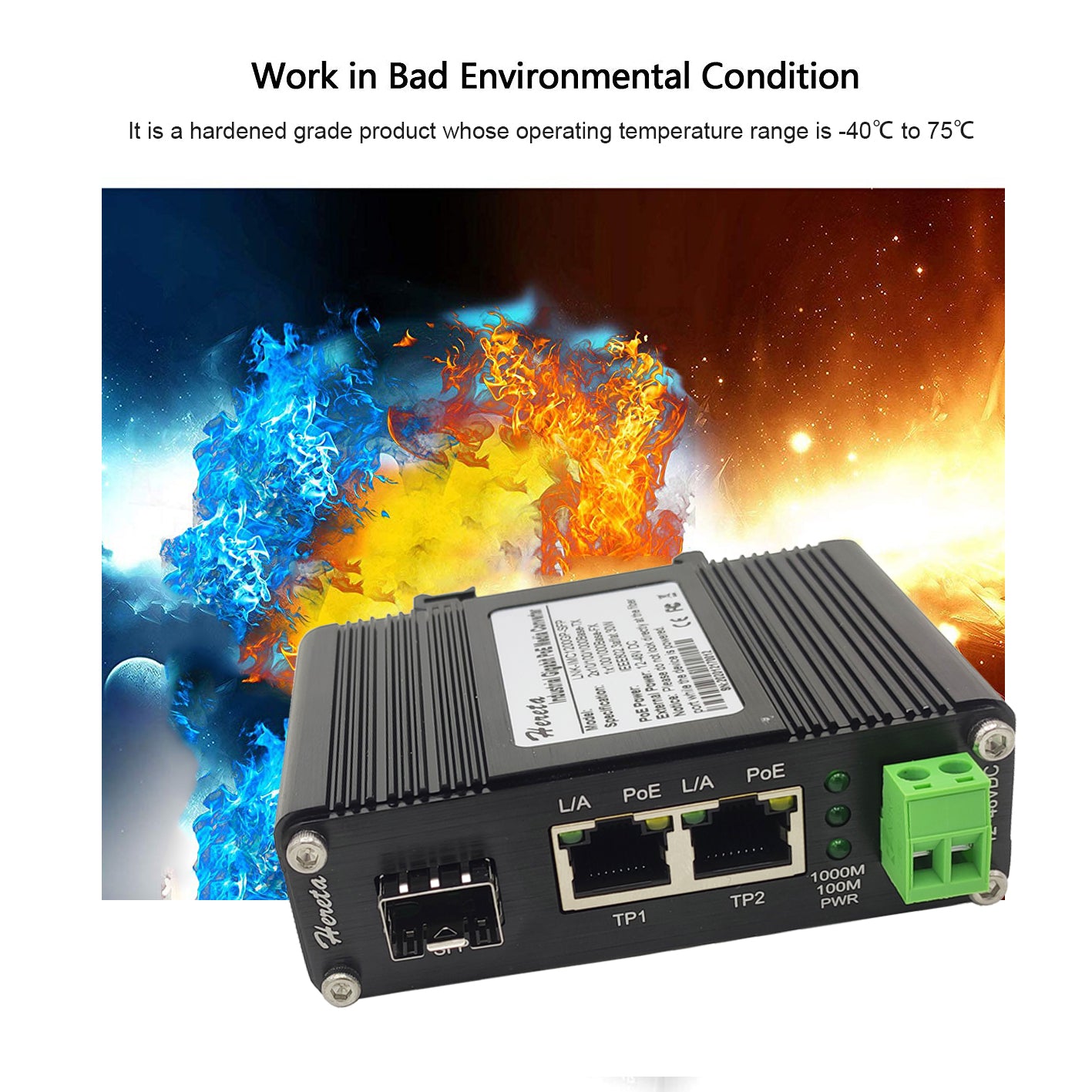 Gigabit Industrial Ethernet Media Converter POE+ 30W Aluminum Case 12~48V DC Input Power