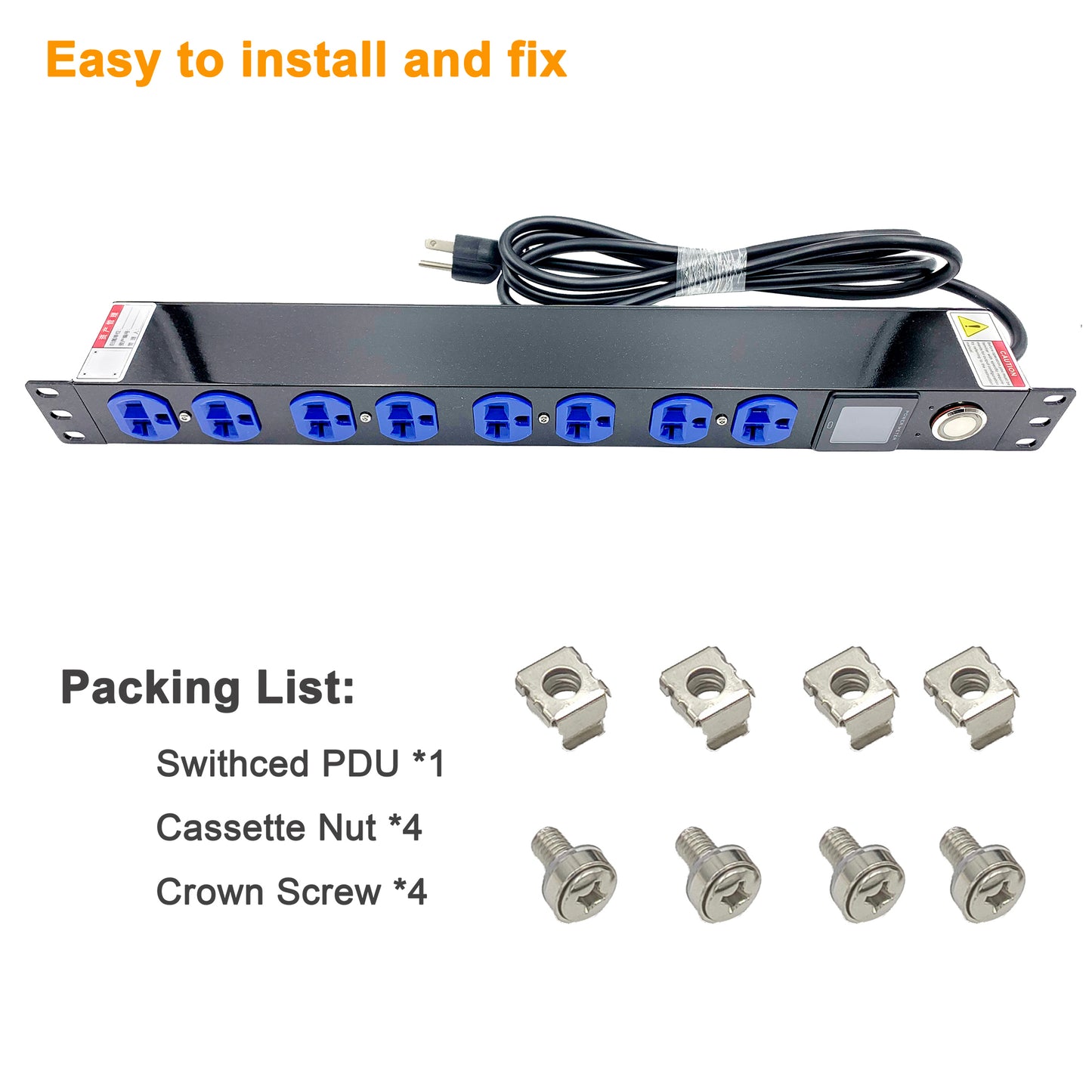8 Outlets Switched PDU Surge Protection Power Strip with High-Precision Measuring Instruments 1U 19" Rack Mount Metered Power Distribution Unit 100-250V 16A