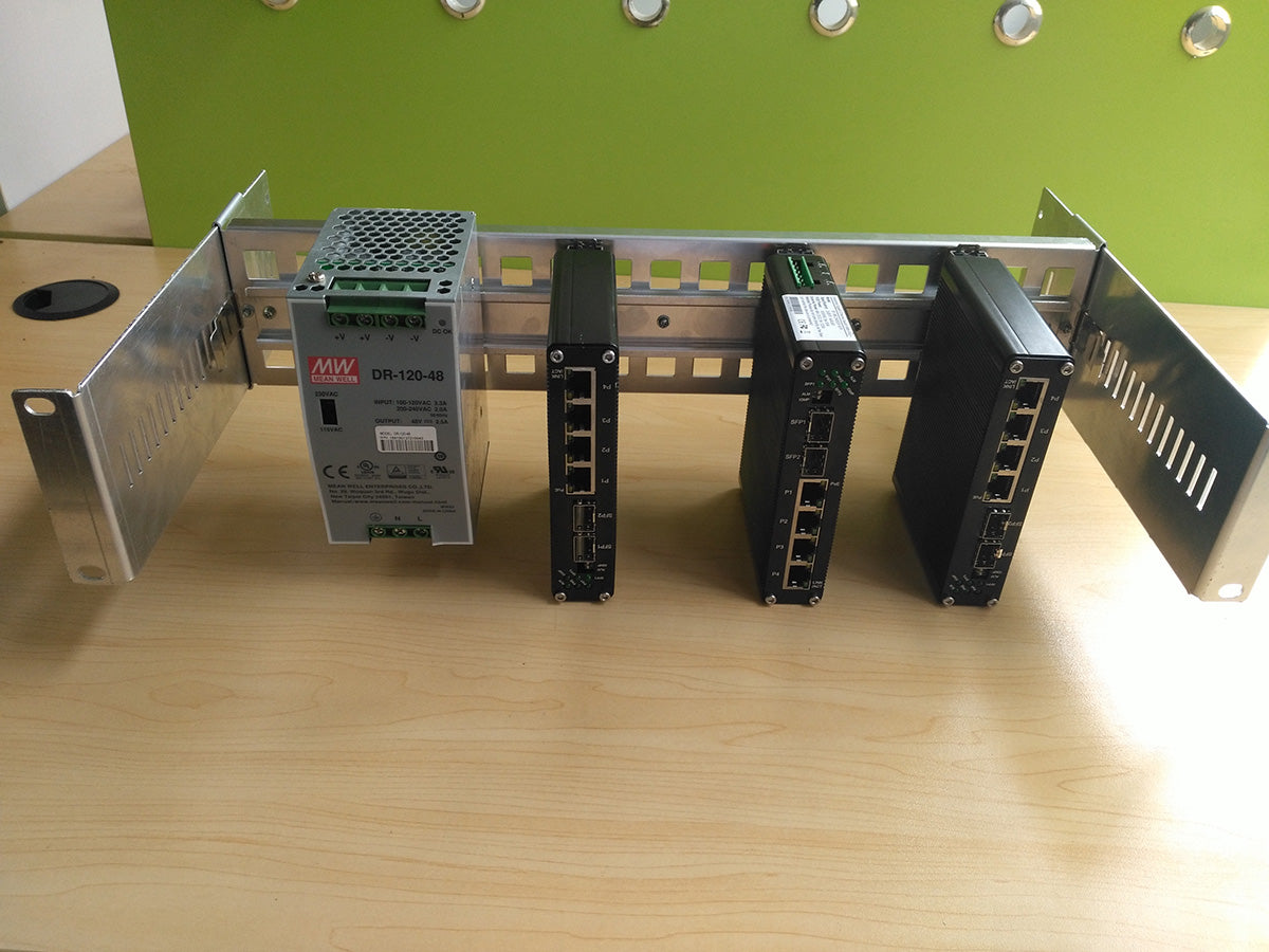 19 Inches Adjustable Rack Mount DIN Rail Bracket for Media Converters Ethernet Switch Industrial PoE Switch with Light and High Strength Aluminum Alloy Material