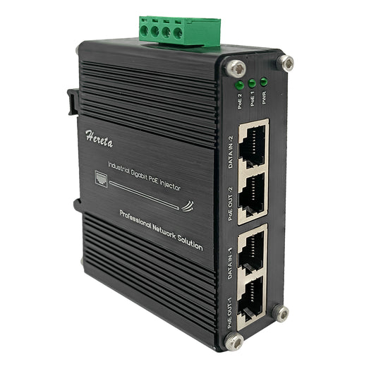 2 Ports Hardened Industrial Gigabit PoE+ Injector 12~48VDC Power Input Support IEEE802.3af/at PoE Device Support 10/100/1000Base-T and Compliant with IEEE 802.3ab