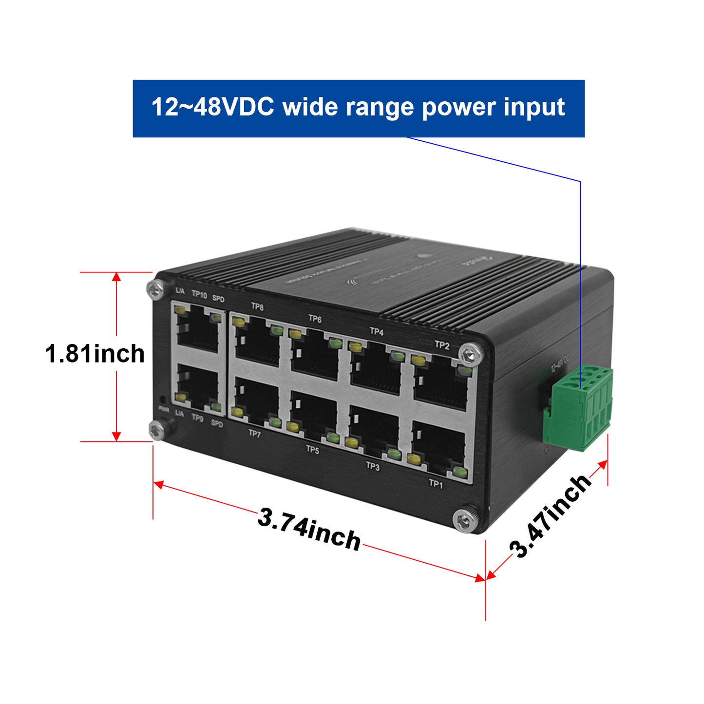 10 Ports Industrial Gigabit Ethernet Switch 10/100/1000BASE-T RJ45 Compact Industrial Switch with auto-MDI/MDI-X Function 12~48VDC Wide Range Power Input