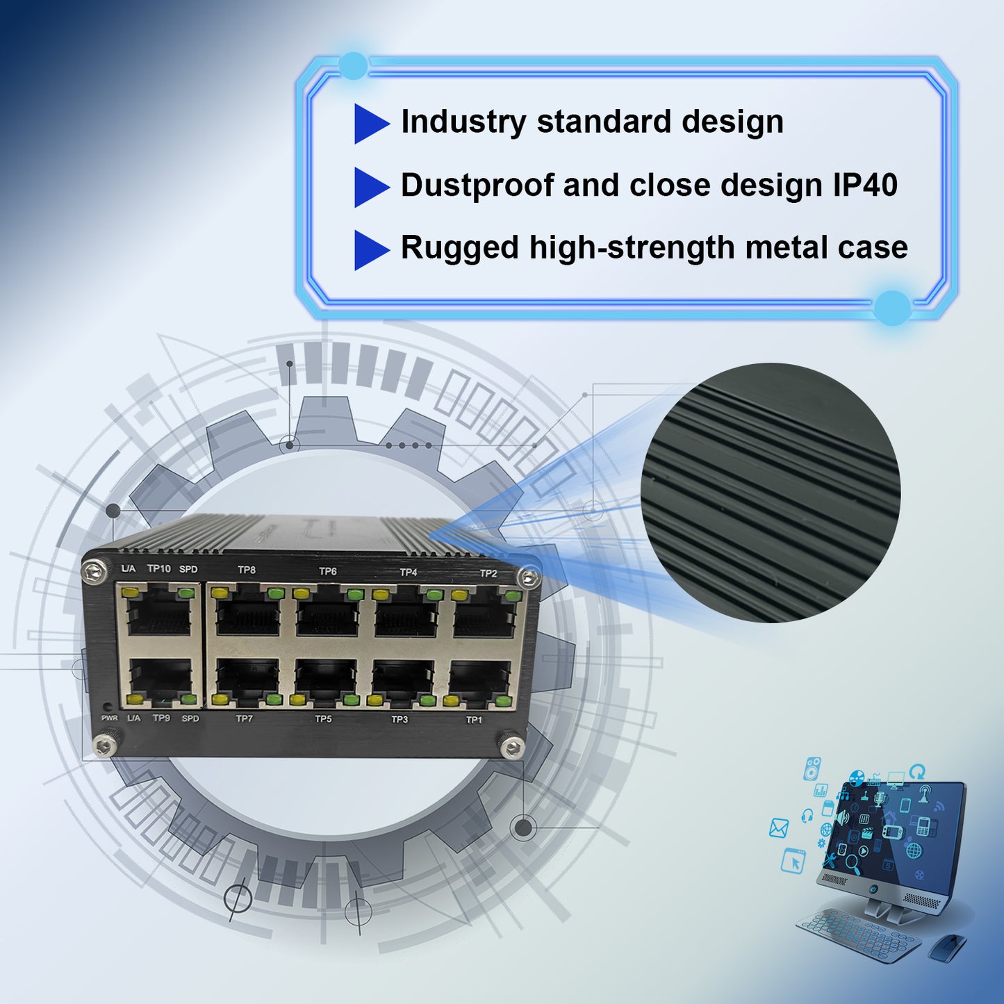10 Ports Industrial Gigabit Ethernet Switch 10/100/1000BASE-T RJ45 Compact Industrial Switch with auto-MDI/MDI-X Function 12~48VDC Wide Range Power Input