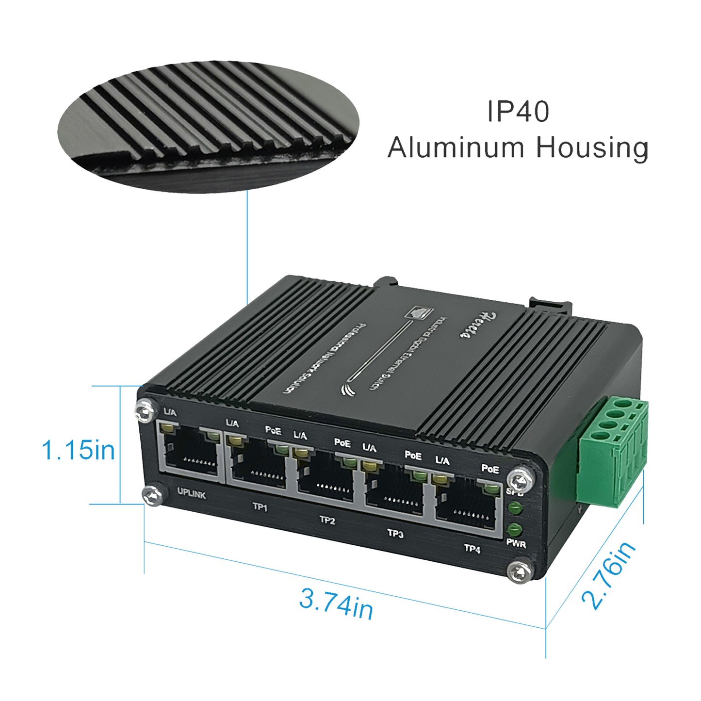Industrial Gigabit Ethernet PoE+ Switch 5-Port 10/100/1000BASE-T Auto-MDI/MDI-X Half/Full Duplex Compact 30W PoE+ Ethernet Switch 12~48VDC Wide Range Power Input