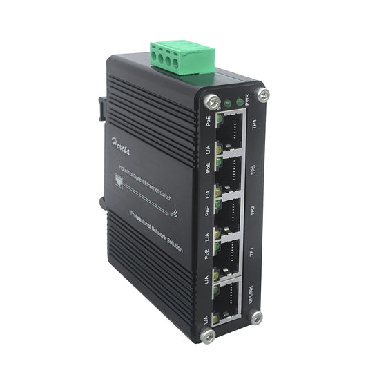 Industrial Gigabit Ethernet PoE+ Switch 5-Port 10/100/1000BASE-T Auto-MDI/MDI-X Half/Full Duplex Compact 30W PoE+ Ethernet Switch 12~48VDC Wide Range Power Input