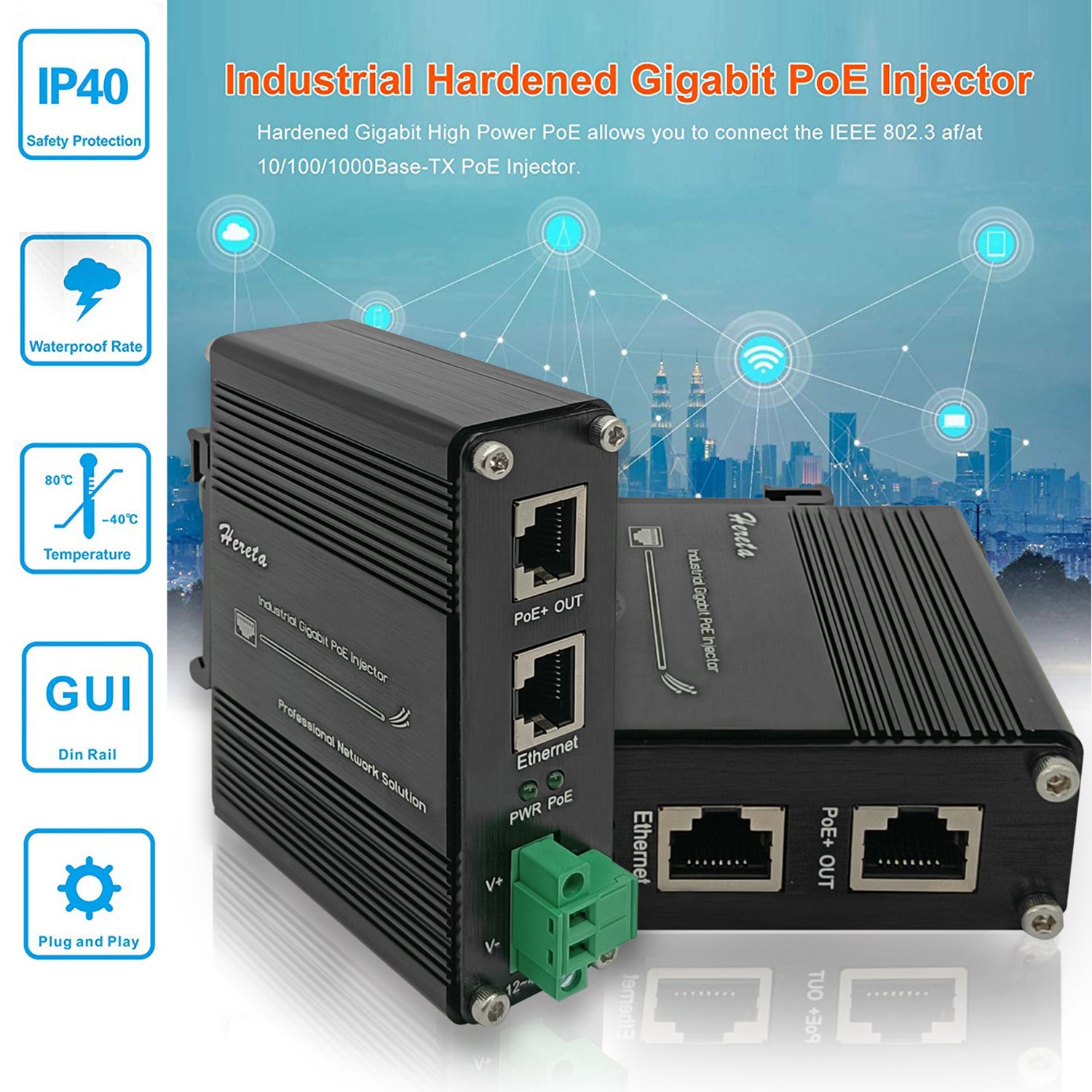 Hardened Industrial Gigabit PoE+ Injector 12-48VDC Input (30W)