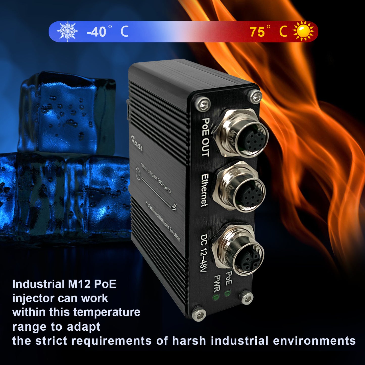 Hardened M12 Industrial Gigabit PoE+ Injector Waterproof IP68 Interface 12-48VDC Input Support The PoE IEEE 802.3 af/at 30W Power Sourcing Equipment