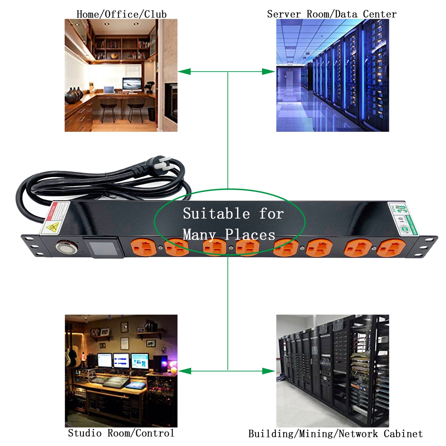8 Outlets Switched PDU Surge Protection Power Strip with High-Precision Measuring Instruments 1U 19" Rack Mount Metered Power Distribution Unit 100-250V 16A